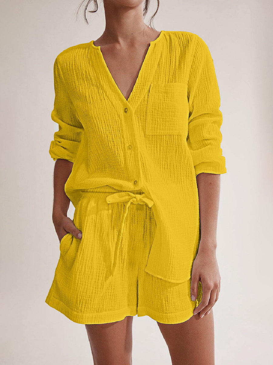 Notched Long Sleeve Top and Shorts Set Yellow
