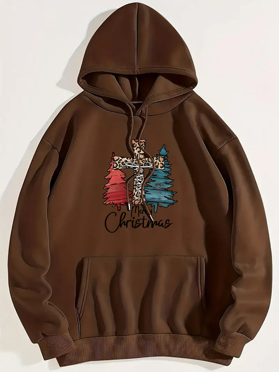 MERRY CHRISTMAS Graphic Drawstring Hoodie Chestnut