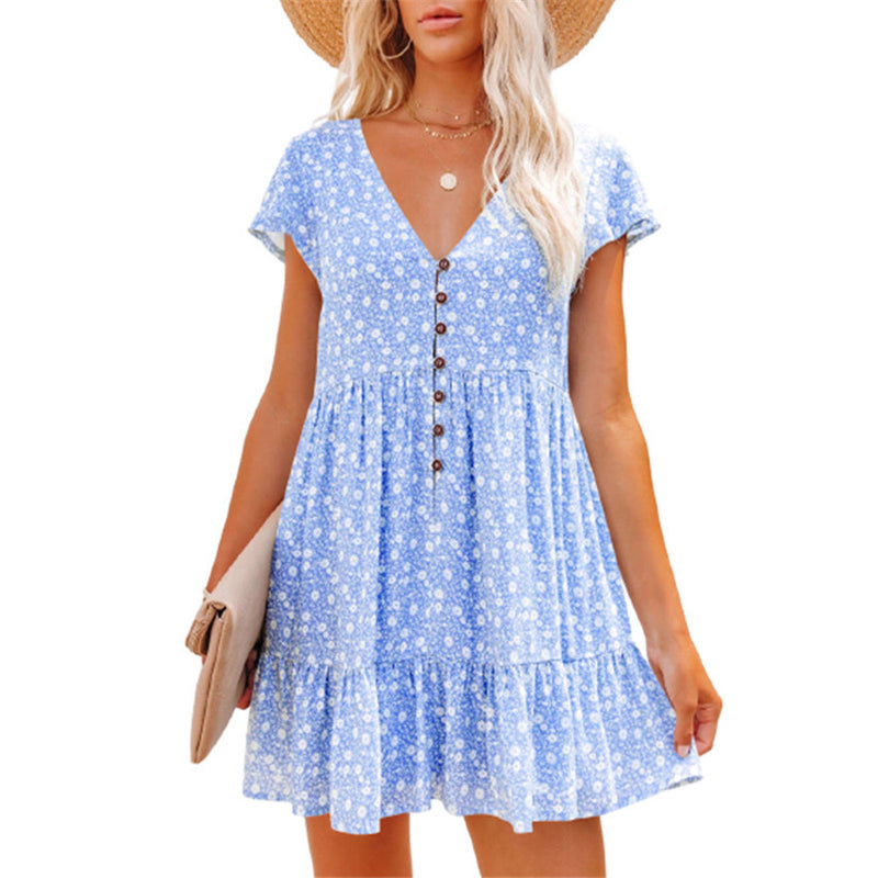 Printed V-Neck Buttoned Short Sleeve Mini Dress