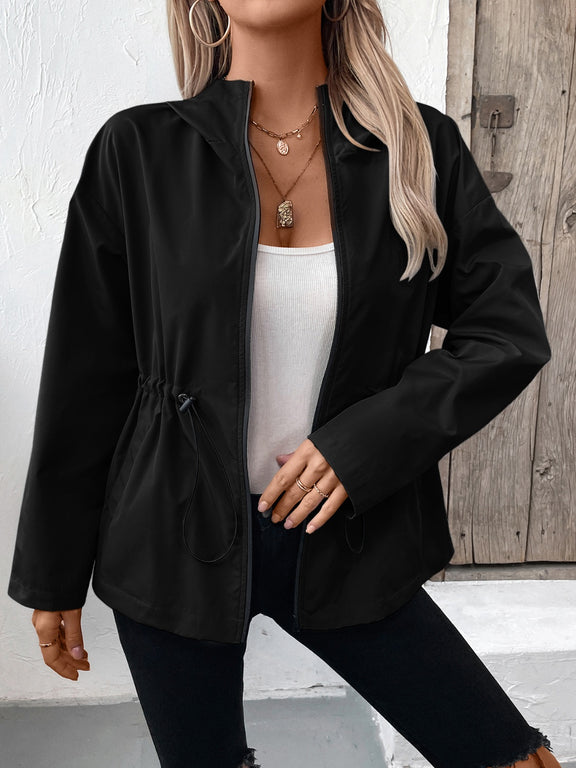 Ivy Lane Drawstring Zip Up Hooded Jacket Black