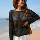 Openwork Slit Boat Neck Long Sleeve Cover-Up