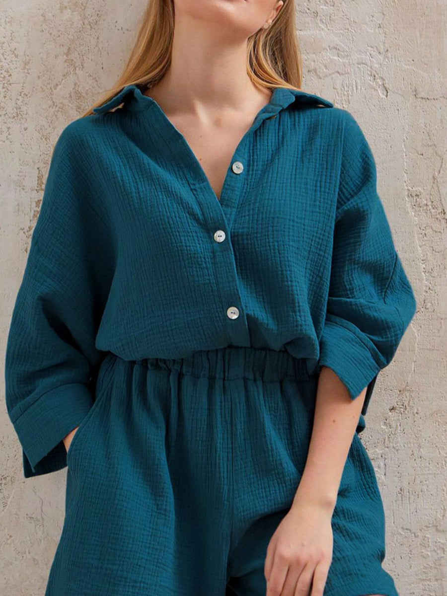 Texture Button Up Shirt and Shorts Set Deep Teal