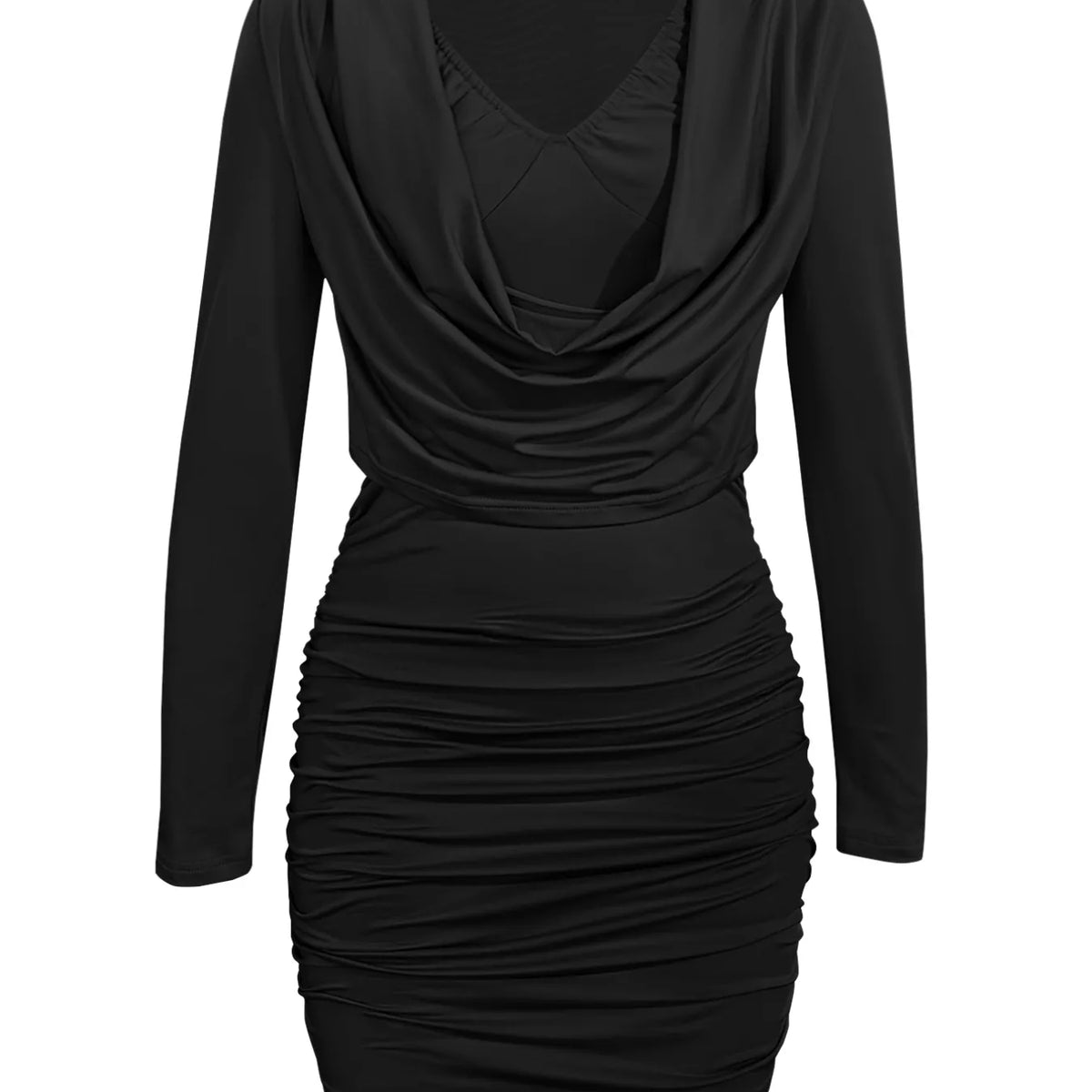 Draped V-Neck Long Sleeve Bodycon Mini Dress Black