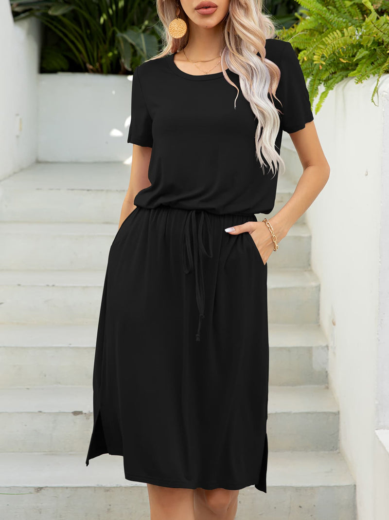 Round Neck Short Sleeve Slit Dress with Pockets