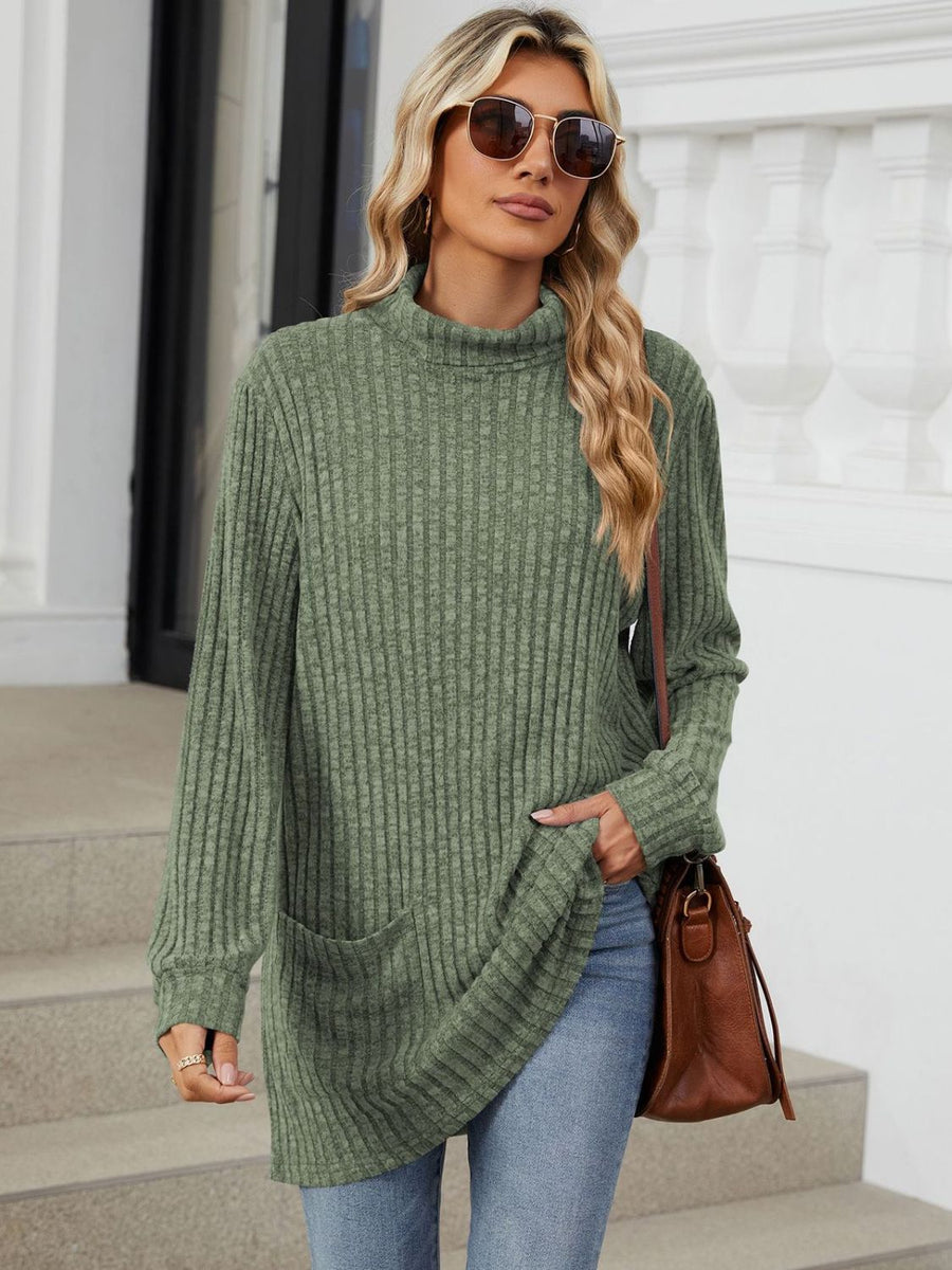 Ribbed Mock Neck Long Sleeve T-Shirt Matcha Green