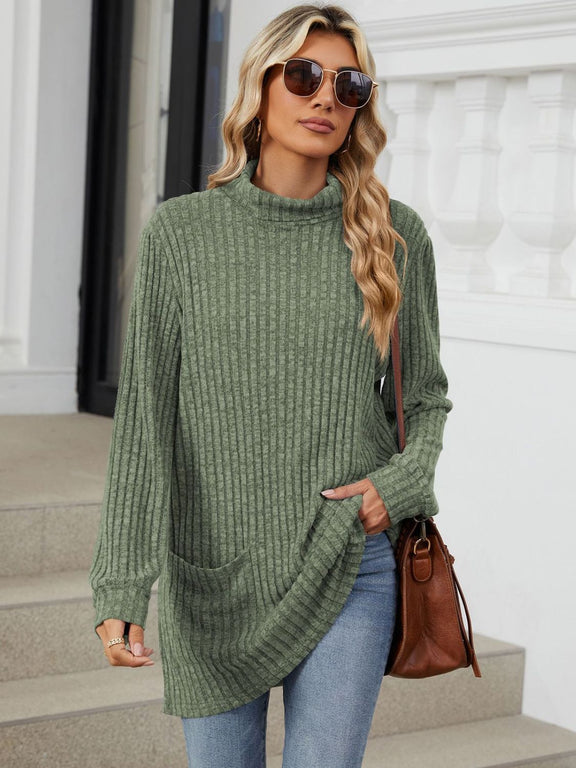 Ribbed Mock Neck Long Sleeve T-Shirt Matcha Green