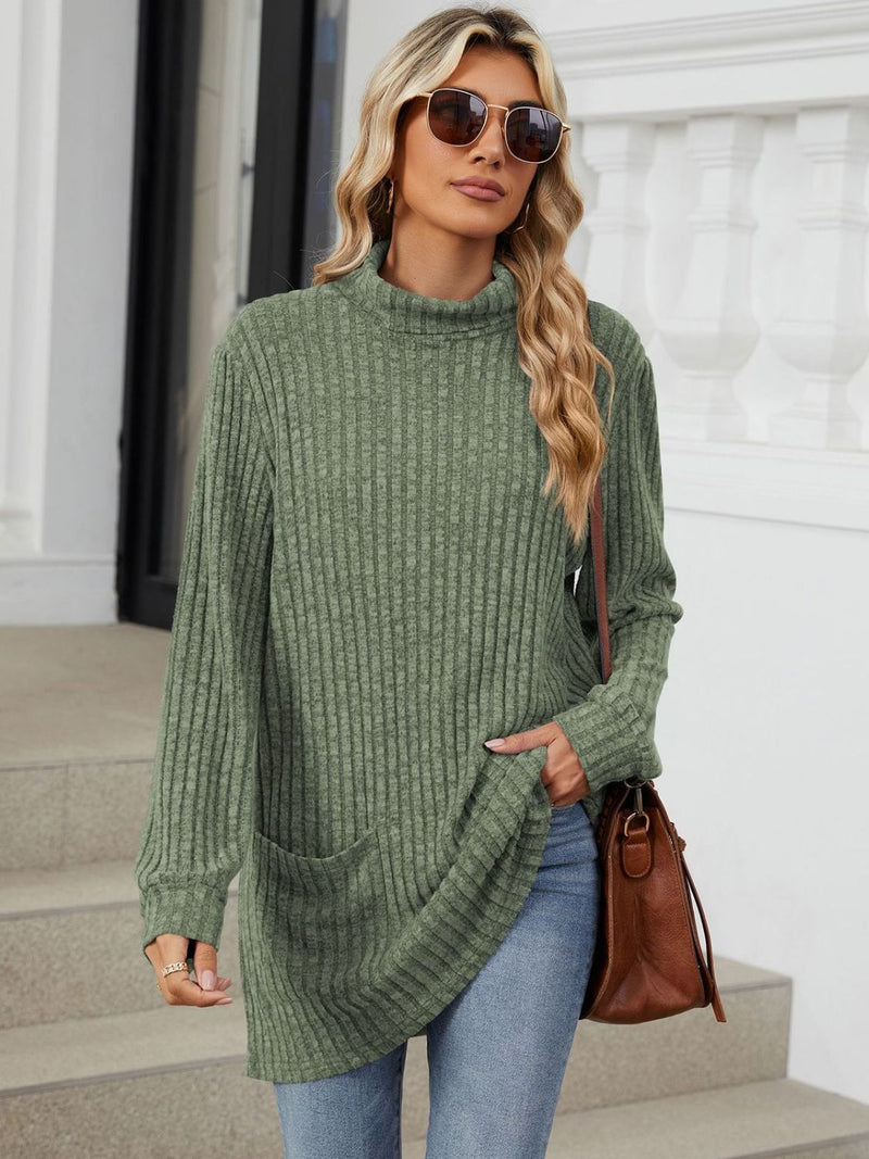 Ribbed Mock Neck Long Sleeve T-Shirt Matcha Green