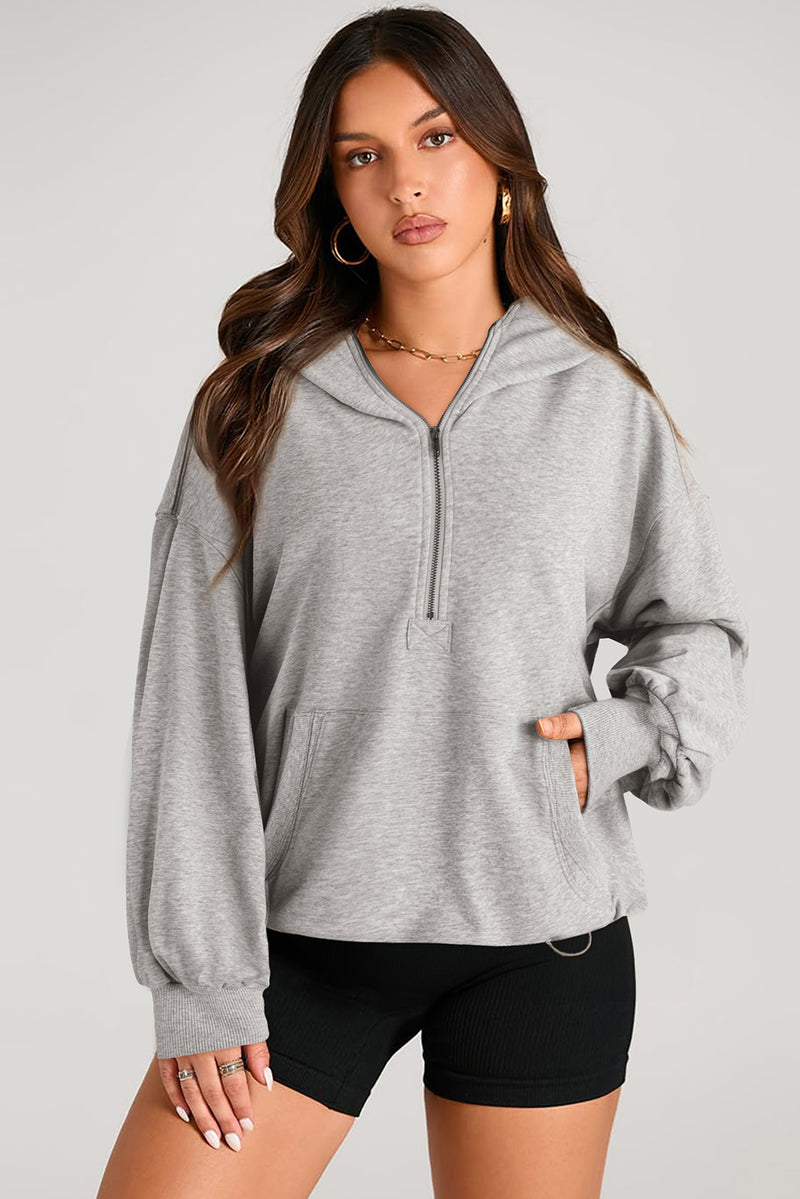 Pocketed Half Zip Long Sleeve Hoodie Gray