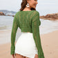 Drawstring Openwork Long Sleeve Cover-Up