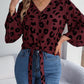 Tied Button Up Leopard V-Neck Blouse