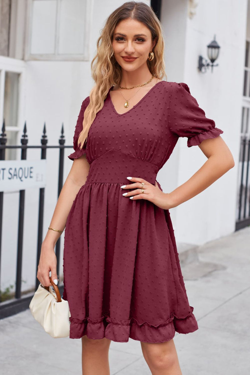 Swiss Dot Frill Trim Flounce Sleeve V-Neck Dress Burgundy