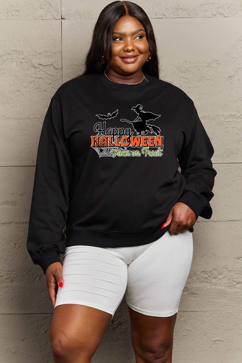 Simply Love Full Size HAPPY HALLOWEEN TRICK OR TREAT Graphic Sweatshirt Black