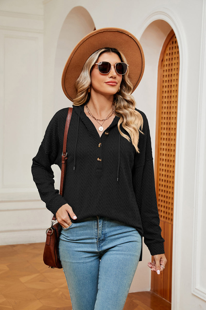 Half-Button Dropped Shoulder Hoodie Black