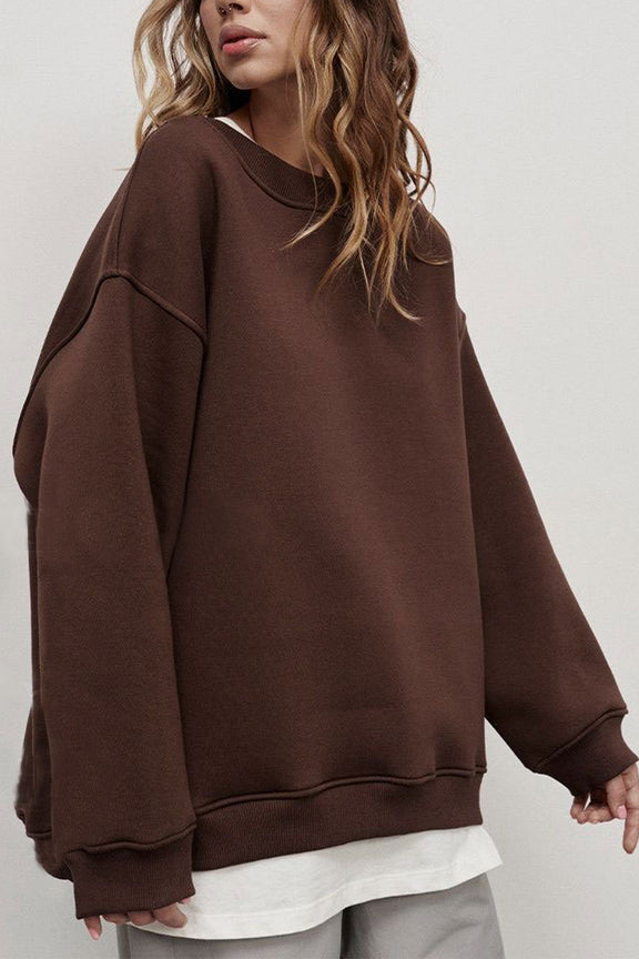 Oversize Round Neck Dropped Shoulder Sweatshirt Chocolate