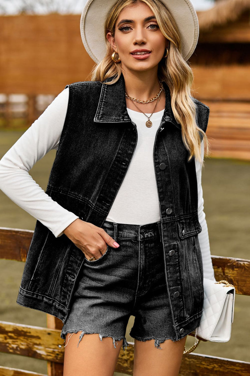 Sleeveless Collared Neck Denim Top with Pockets Dark