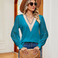 Contrast V-Neck Long Sleeve Blouse