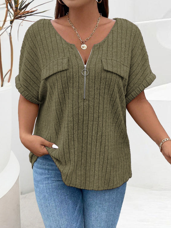 Plus Size Half Zip Short Sleeve T-Shirt Moss