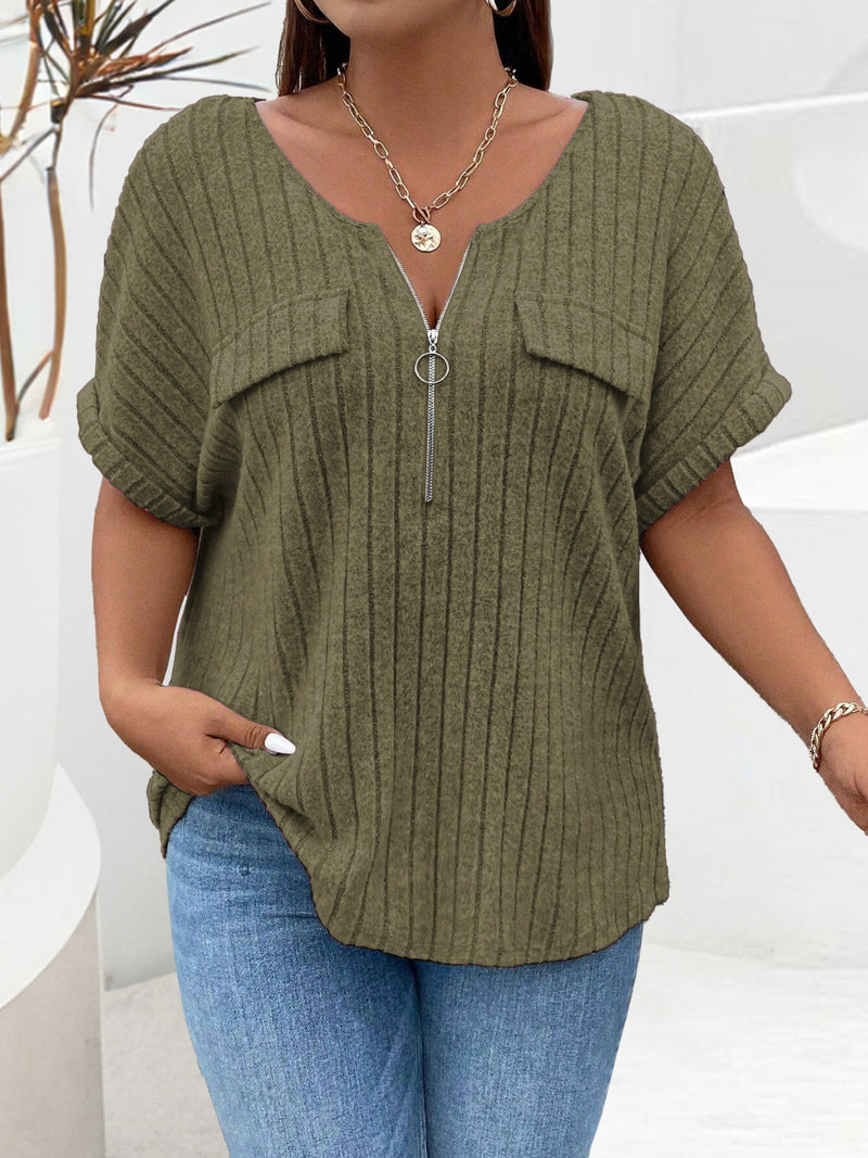 Plus Size Half Zip Short Sleeve T-Shirt Moss
