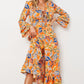 Printed Layered Flare Sleeve Split Tied Dress