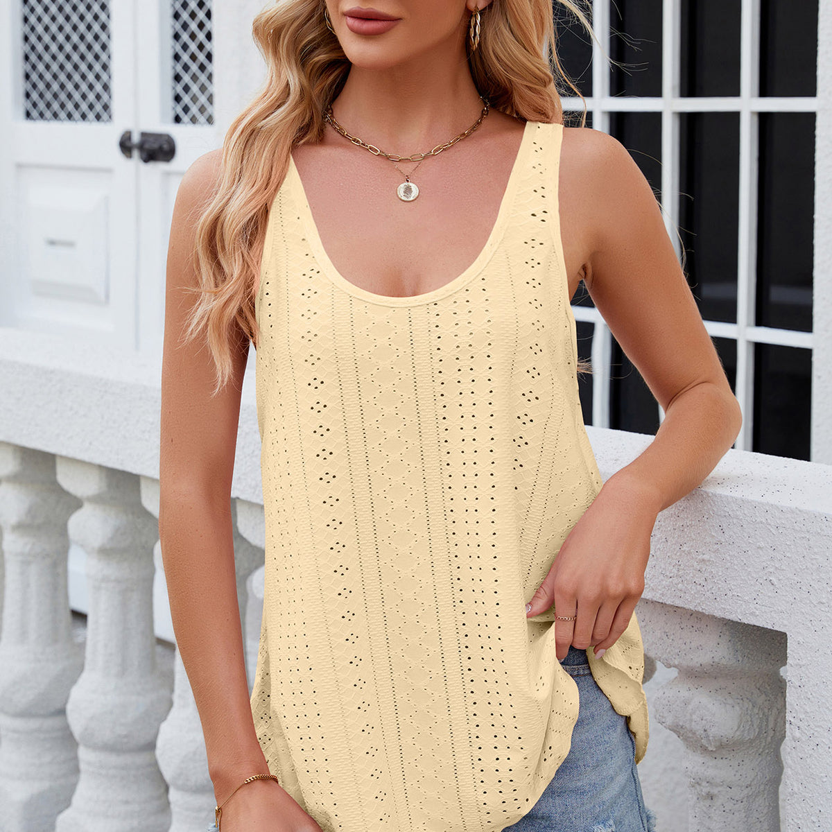 Eyelet Scoop Neck Wide Strap Tank Light Yellow