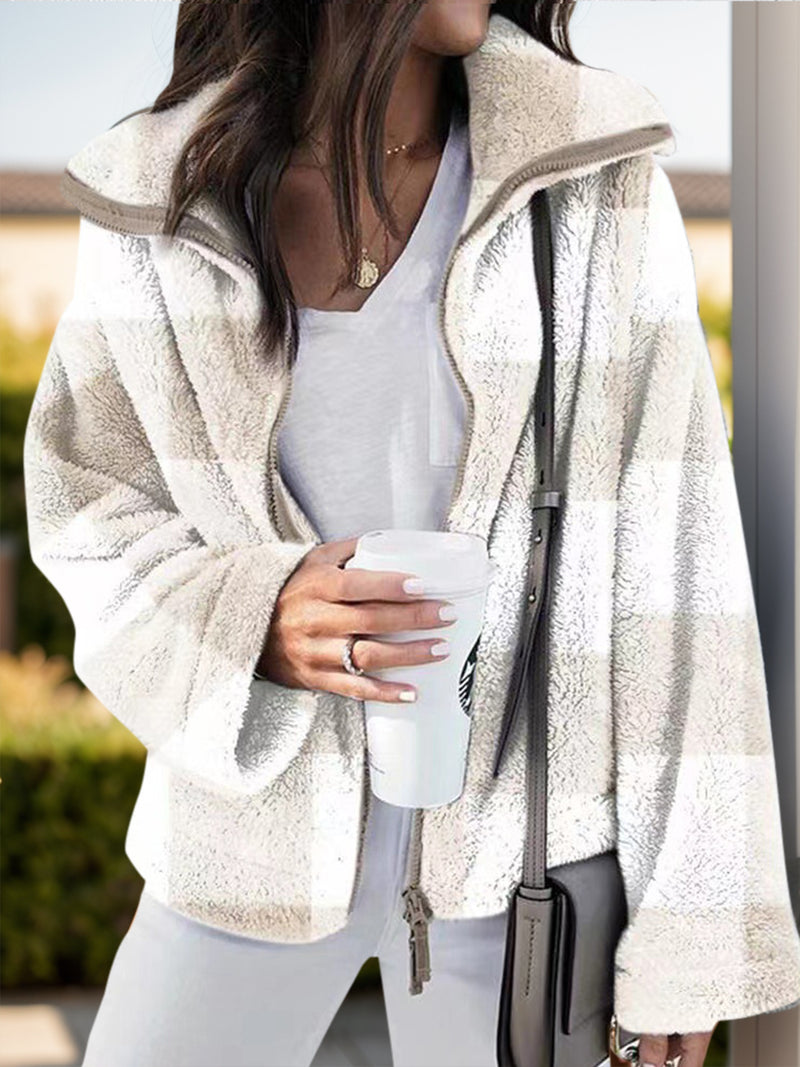 Full Size Plaid Zip Up Long Sleeve Jacket White