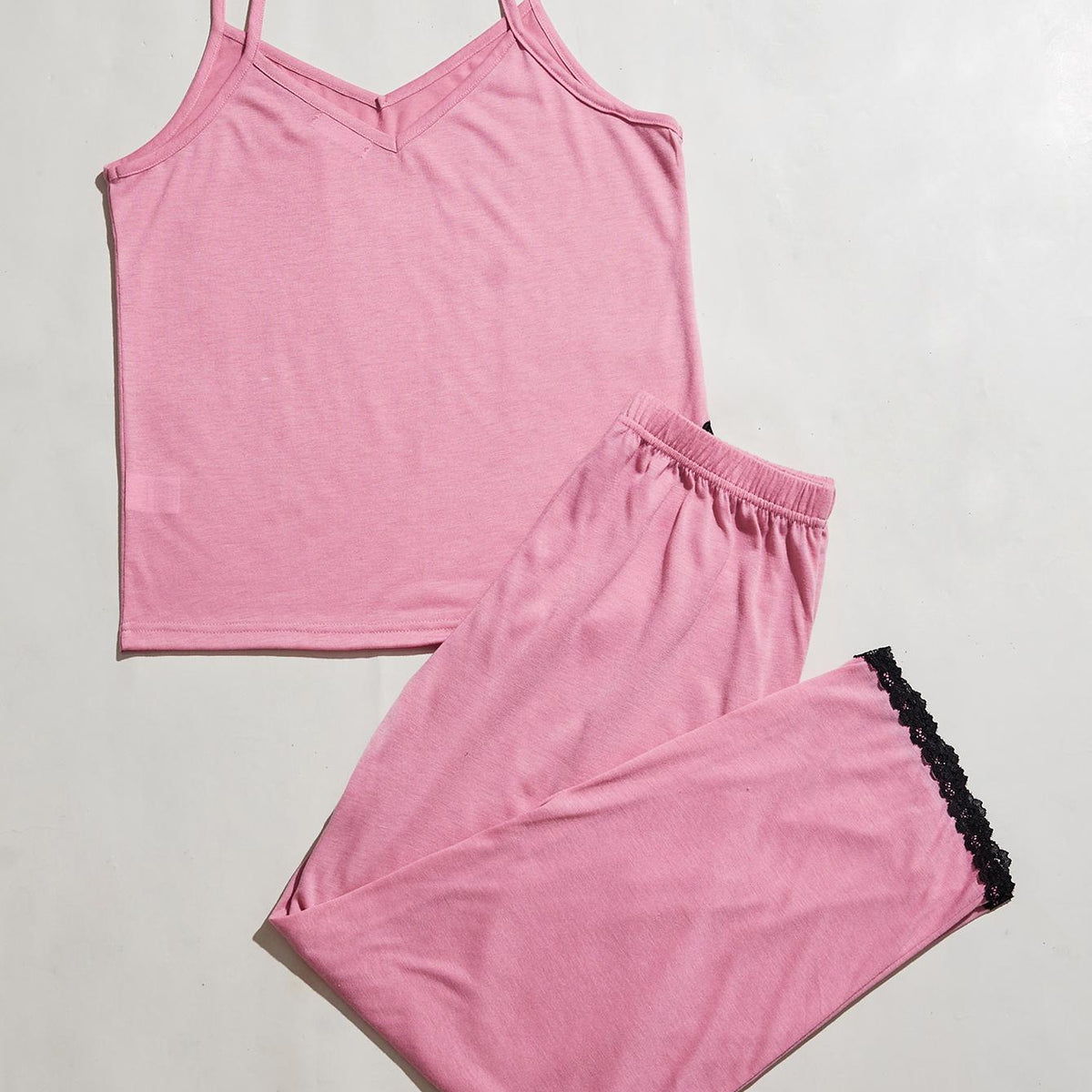 V-Neck Lace Trim Slit Cami and Pants Pajama Set Pink