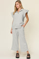 Double Take Texture Ruffle Short Sleeve Top and Drawstring Wide Leg Pants Set Light Gray
