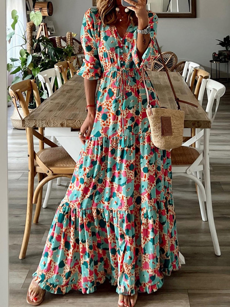 Button Up Ruffle Hem Tiered Maxi Dress