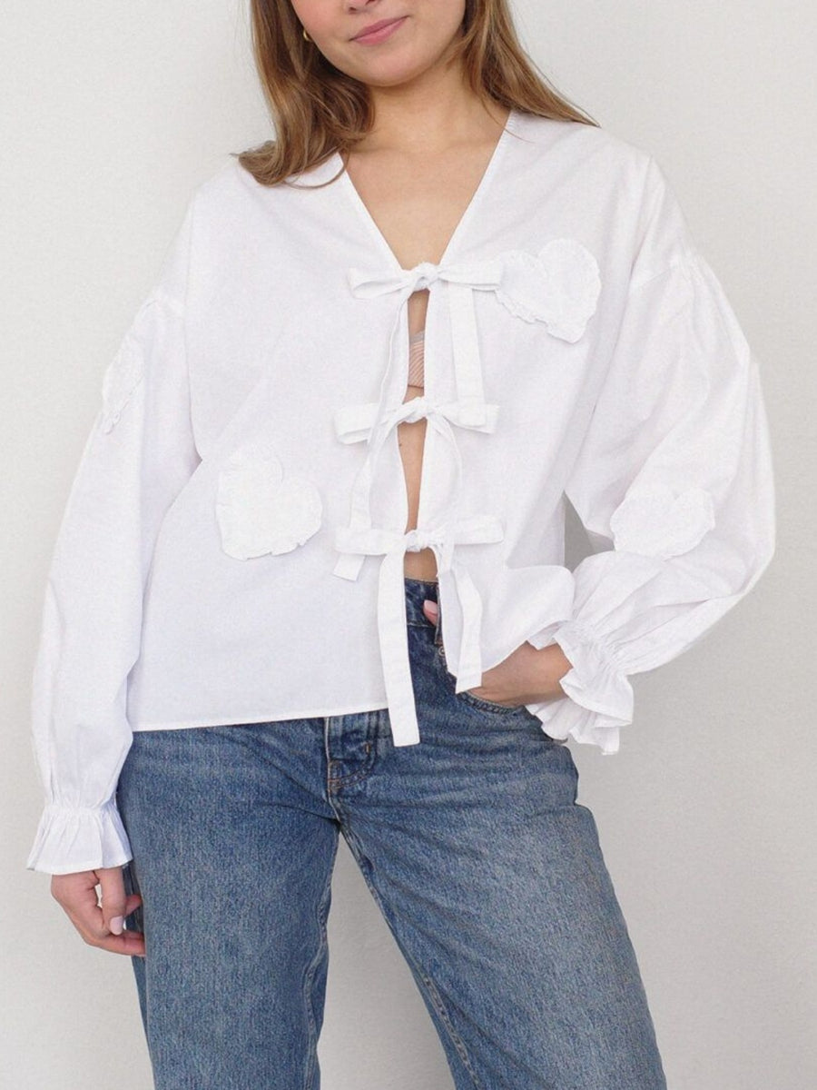 Tied Flounce Sleeve Blouse White