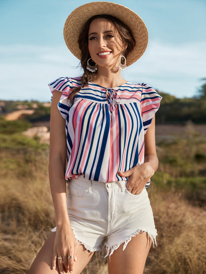 Honey Striped Flutter Sleeve Tied Blouse