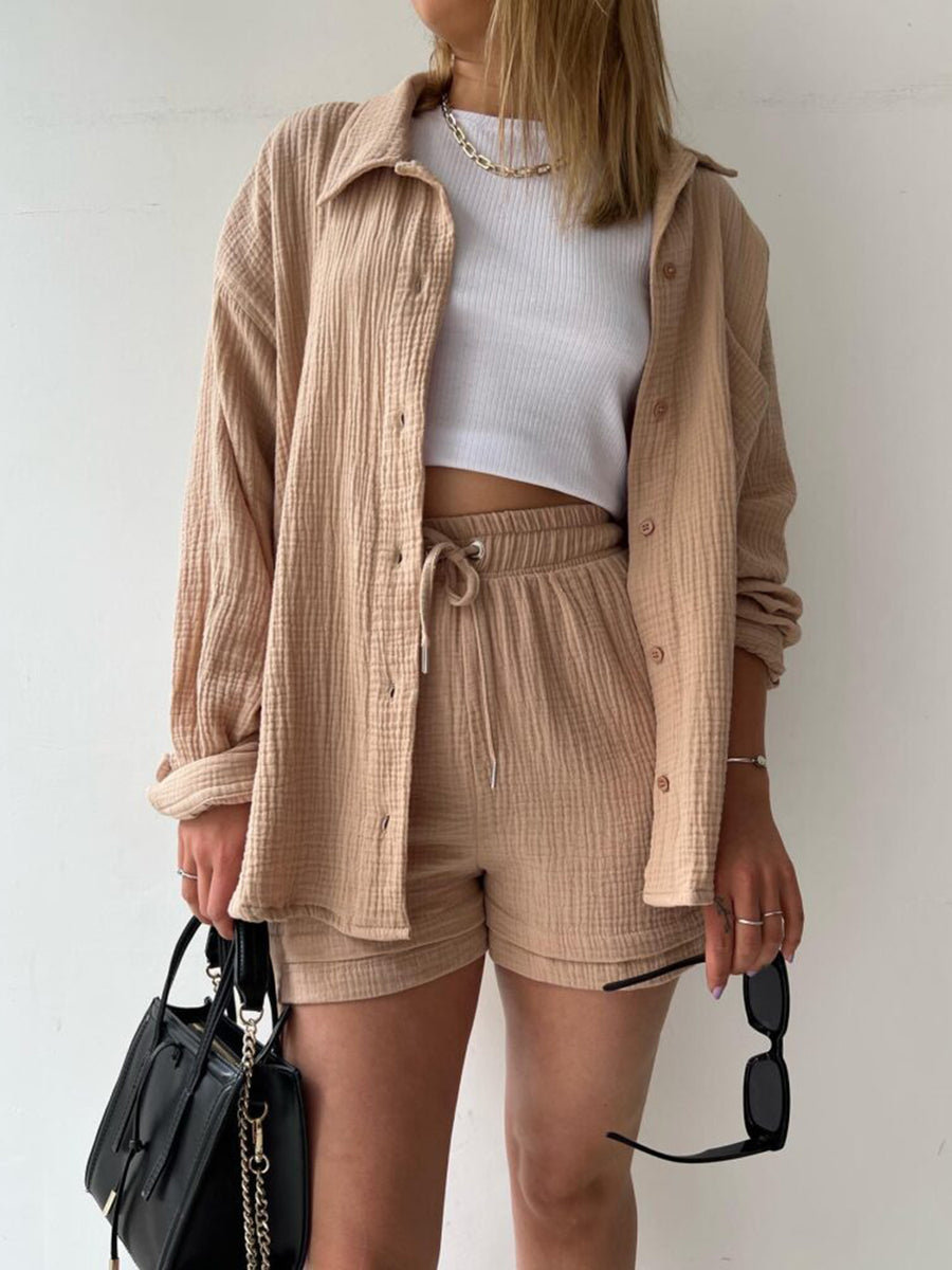 Texture Button Up Shirt and Drawstring Shorts Set Camel