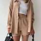 Texture Button Up Shirt and Drawstring Shorts Set