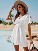 Smocked V-Neck Short Sleeve Dress White