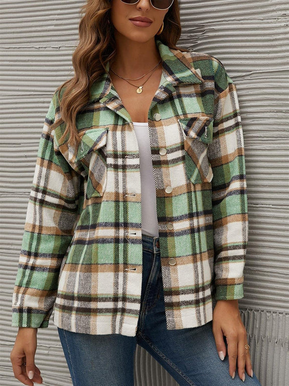 Plaid Collared Neck Long Sleeve Jacket Green