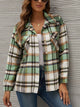 Plaid Collared Neck Long Sleeve Jacket Green