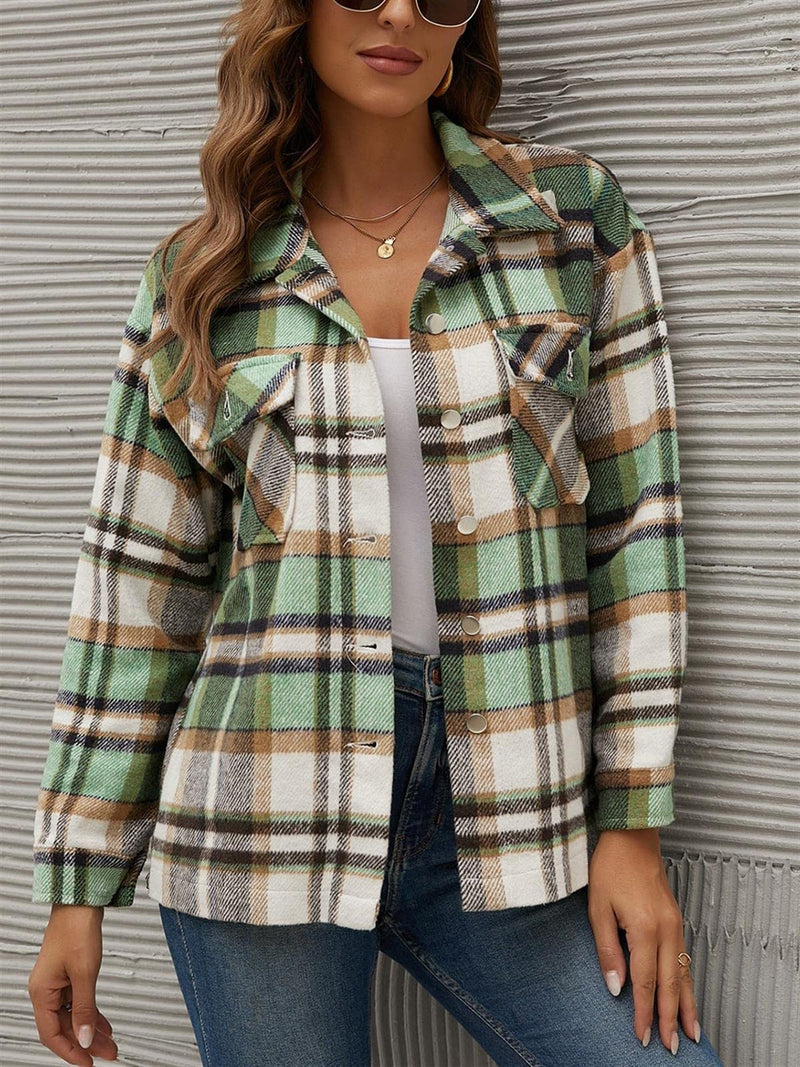 Plaid Collared Neck Long Sleeve Jacket Green