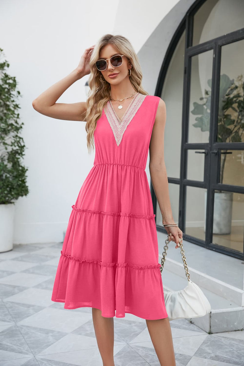 Contrast V-Neck Sleeveless Tiered Dress Hot Pink