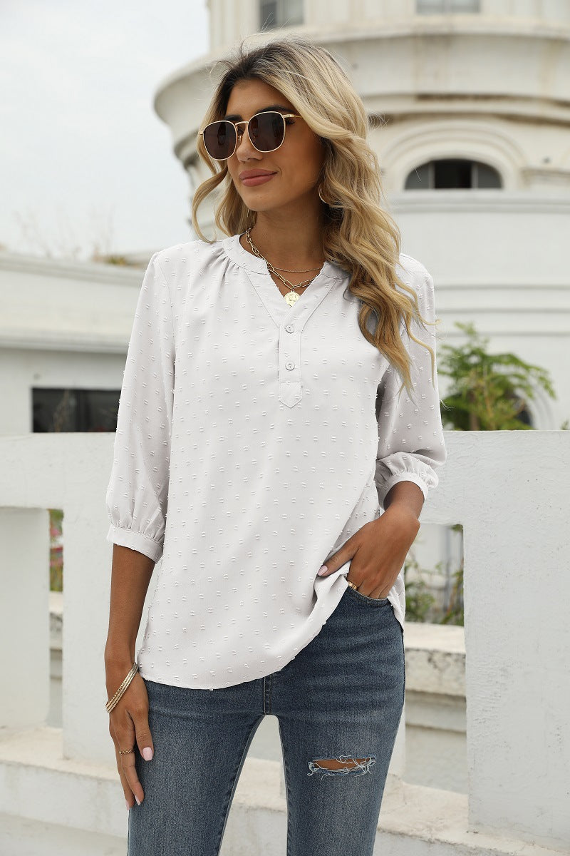 Swiss Dot Notched Neck Three-Quarter Sleeve Blouse White