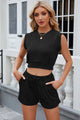 Round Neck Top and Drawstring Shorts Set Black