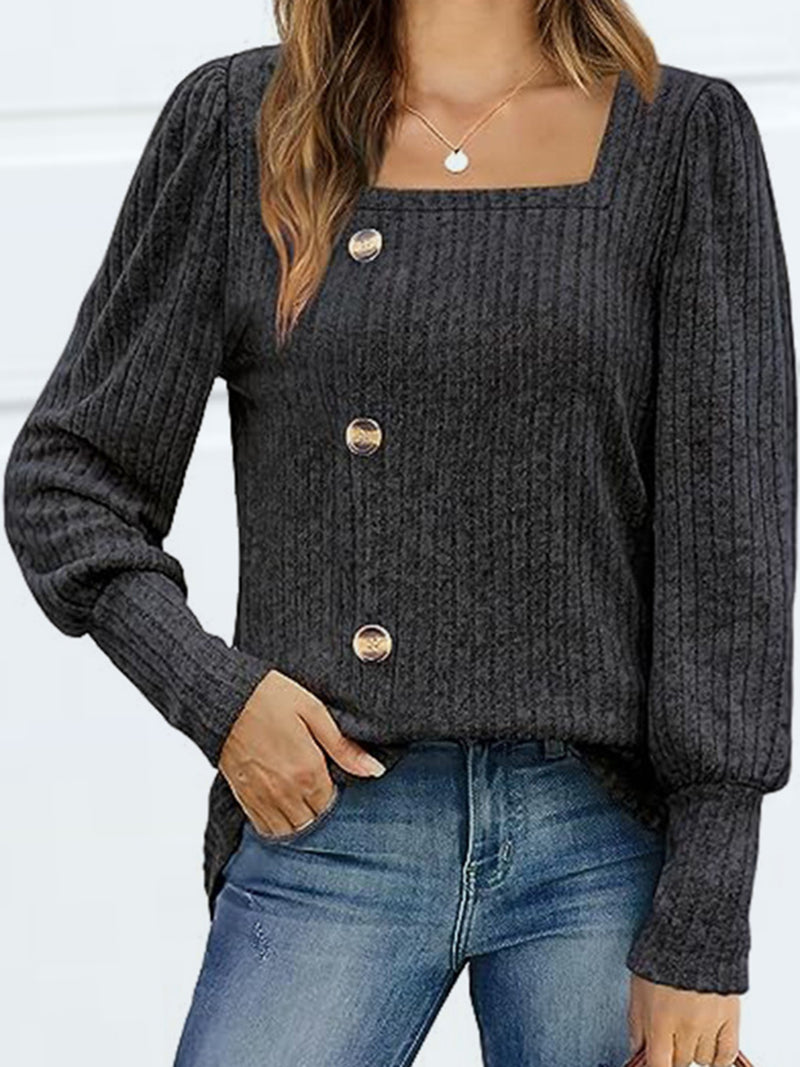 Decorative Button Square Neck Top Black