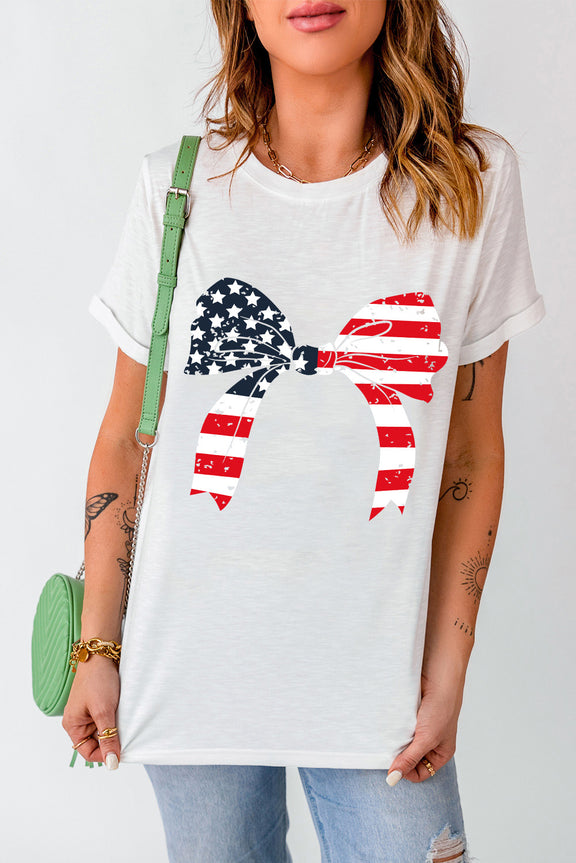 Bow Round Neck Short Sleeve T-Shirt White