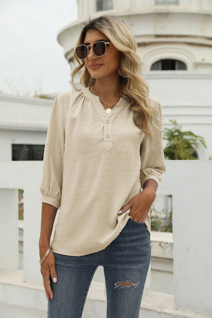 Swiss Dot Notched Neck Three-Quarter Sleeve Blouse Cream