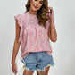 Ruffled Ditsy Floral Mock Neck Cap Sleeve Blouse