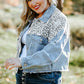 Plus Size Leopard Raw Hem Distressed Spliced Denim Jacket