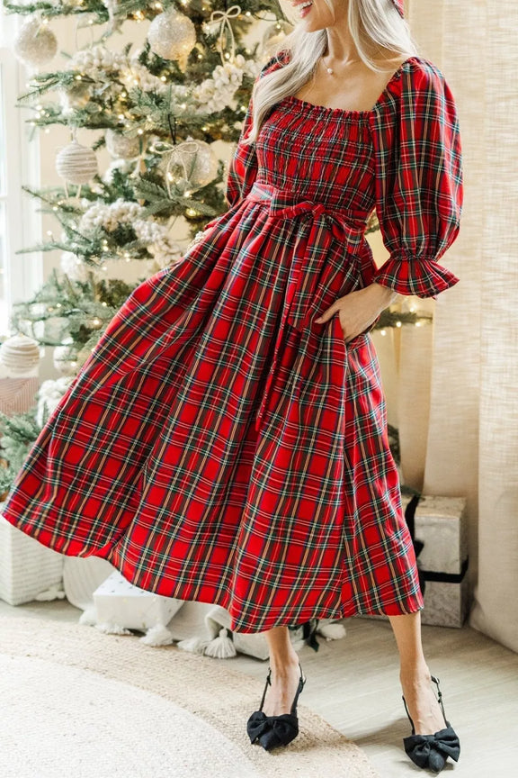 Plaid Smocked Flounce Sleeve Midi Dress Deep Red