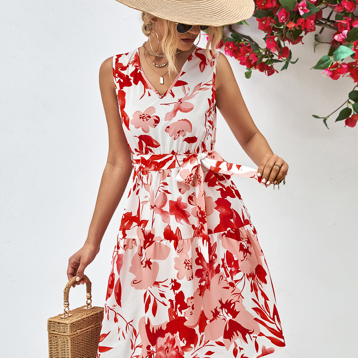 Floral V-Neck Tie Waist Sleeveless Dress