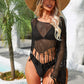 Fringe Trim Flare Sleeve Openwork Cover Up