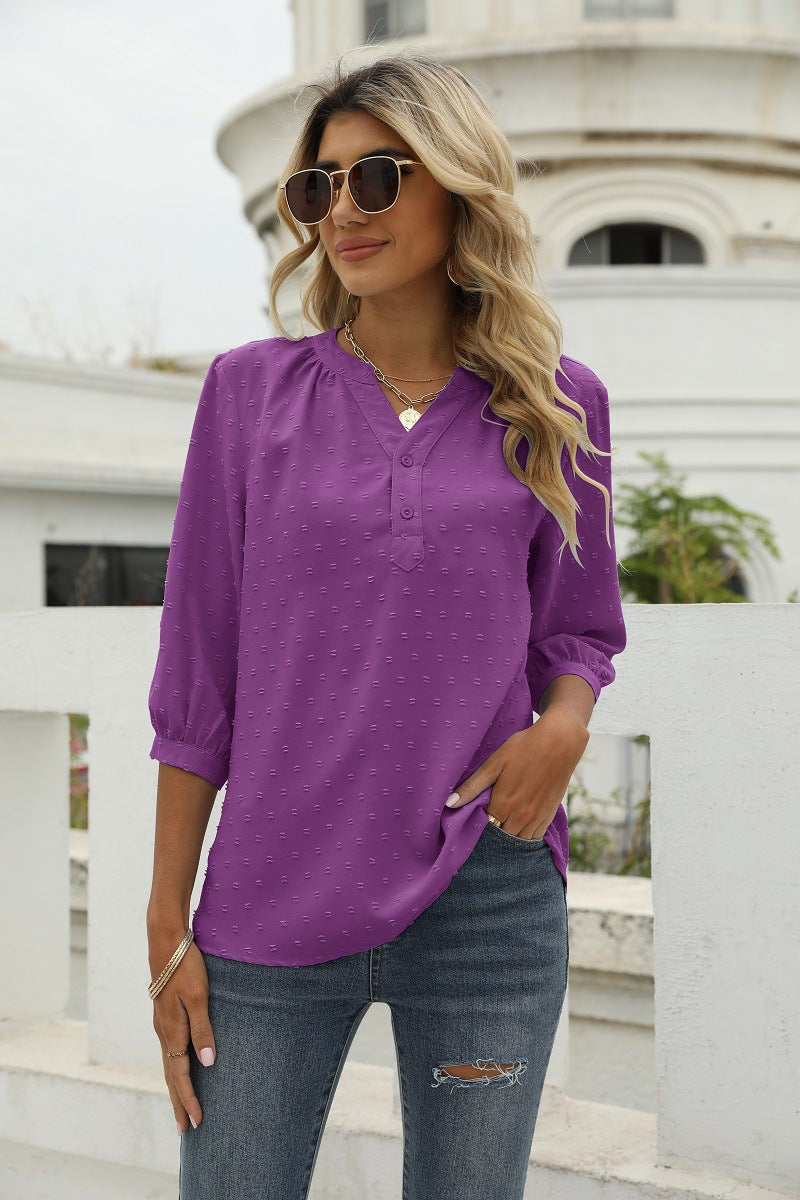 Swiss Dot Notched Neck Three-Quarter Sleeve Blouse Purple