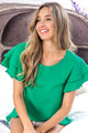 BiBi Ruffle Sleeve Wrinkled Cotton Gauze Top Jade