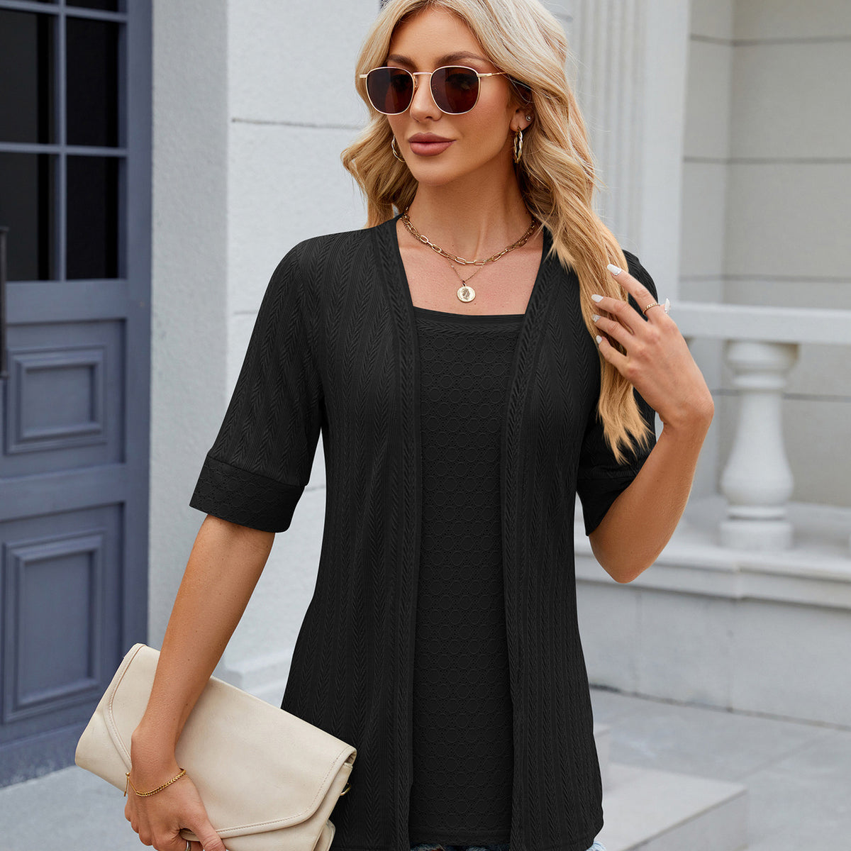 Texture Square Neck Short Sleeve Blouse